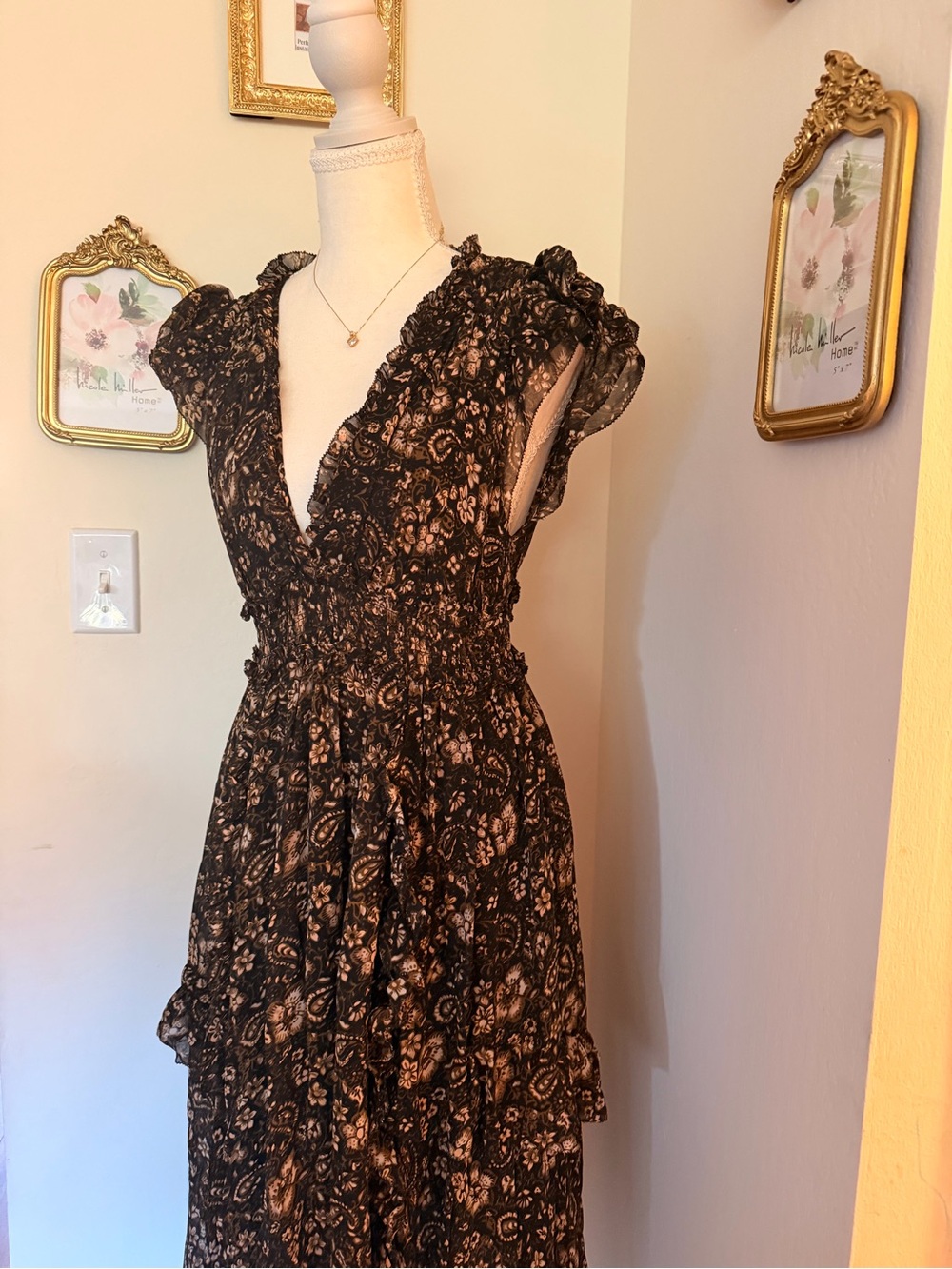 Ulla Johnson Black Floral Asymmetrical Midi Dress 100% Silk - Picture 8 of 12